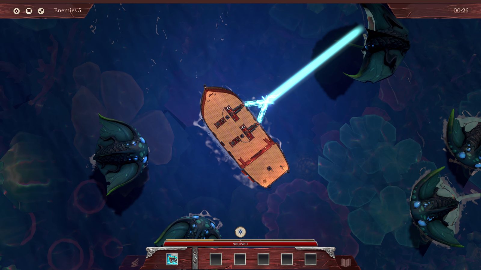A beam shot from the broadside strikes a sea creature