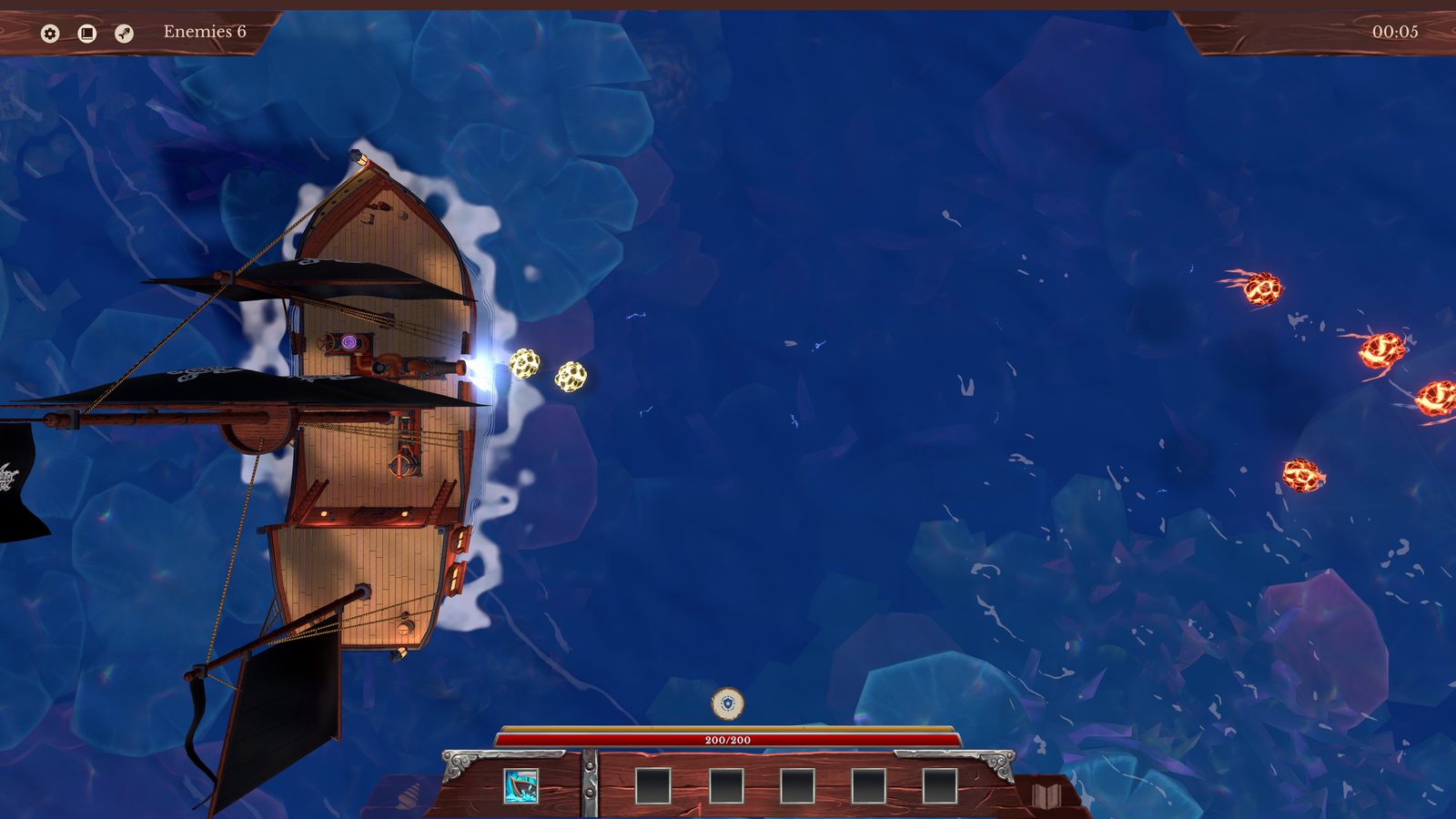 Burning essence shots fly from the broadside toward incoming enemies