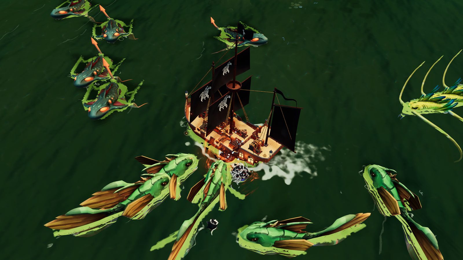 Sea serpents close in on the black-sailed ship on a green sea