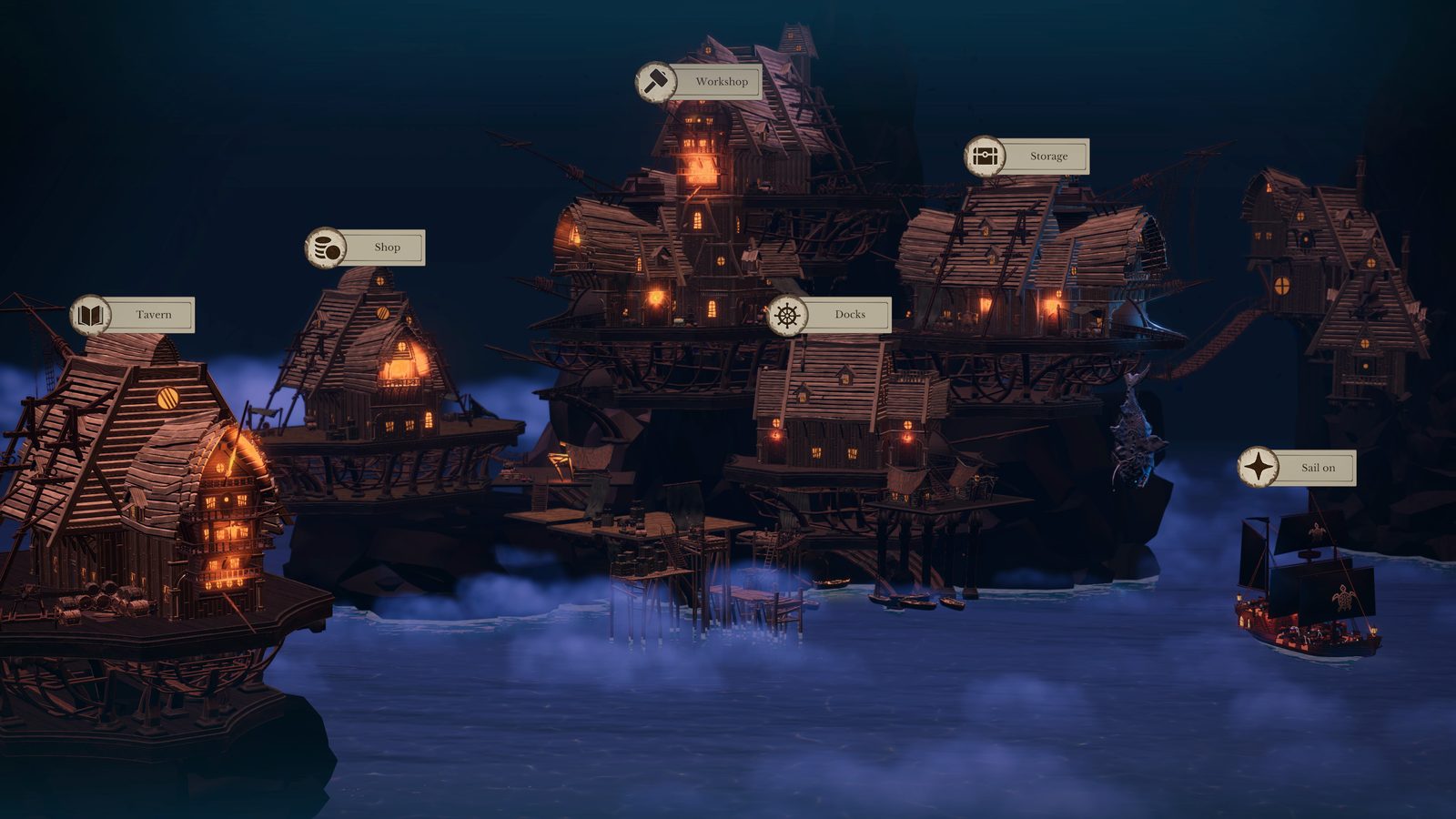 The home port at night: tavern, shop, workshop, storage and docks