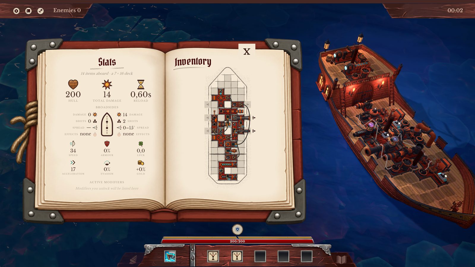 The ship's journal open on the stats and grid inventory pages