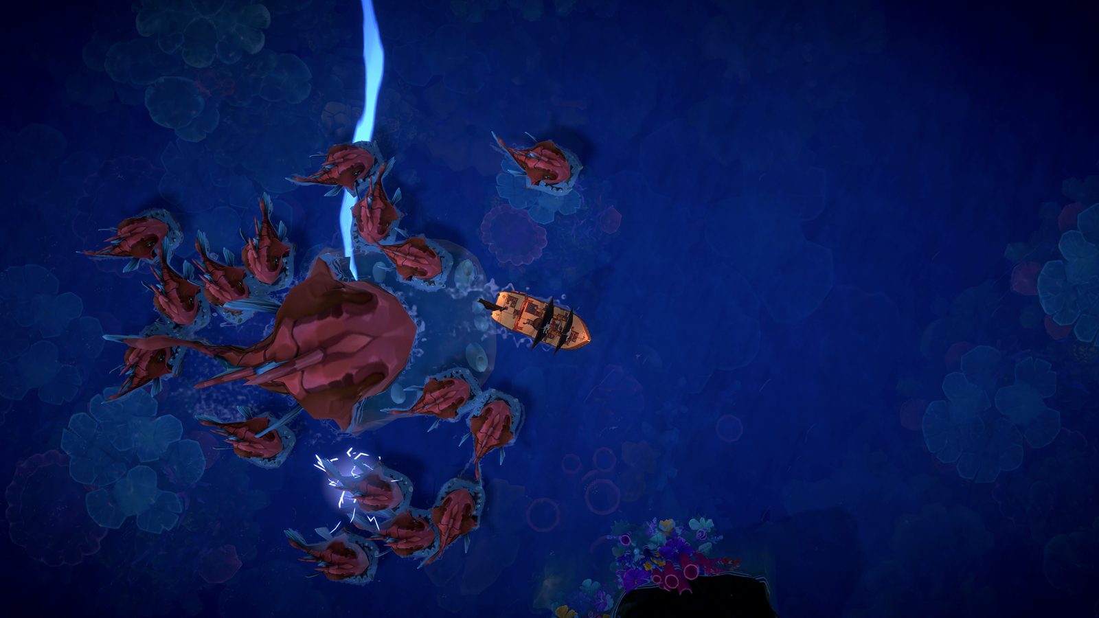 A giant and its swarm surround the ship as lightning strikes