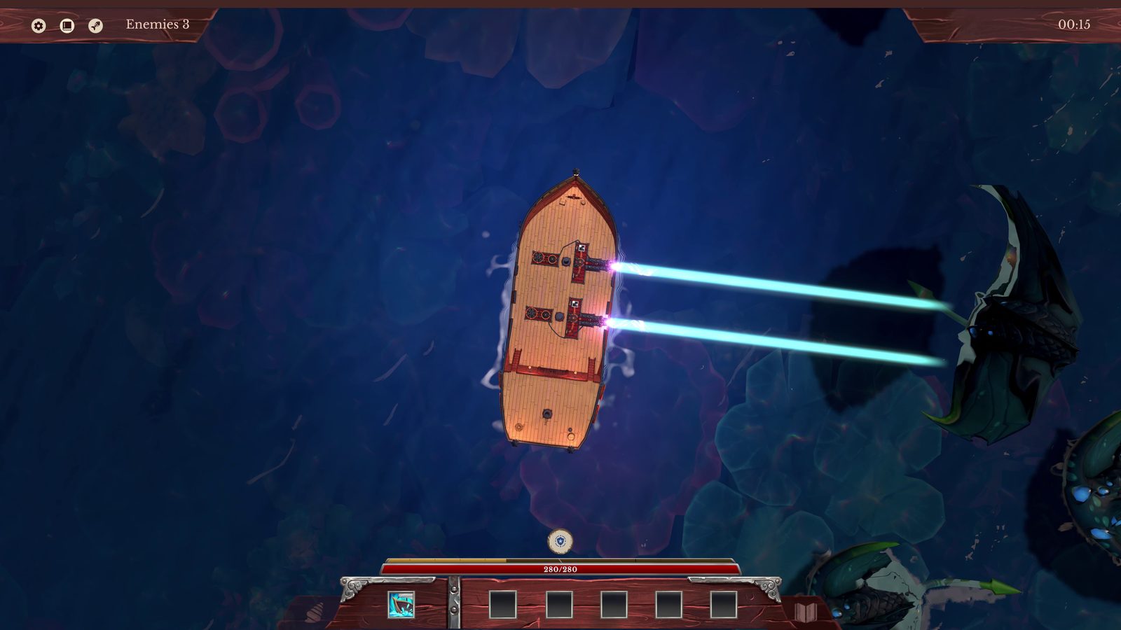 Twin cannons fire beam shots broadside into incoming sea creatures