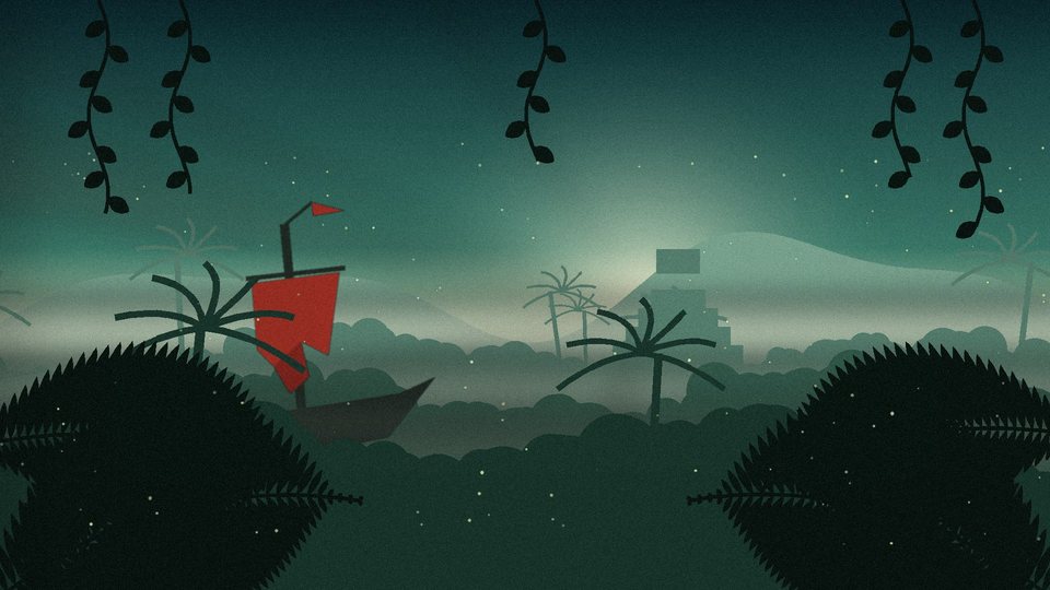 A jungle river at dusk: a wrecked ship with a red sail among the trees, a stepped temple in the mist